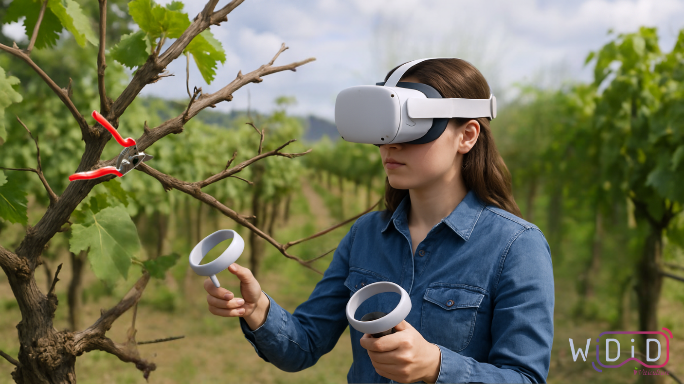 Apprenant en formation viticulture VR avec casque de réalité virtuelle dans les vignes